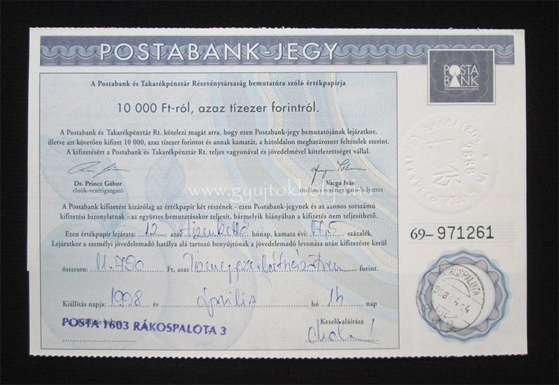 Postabank-jegy 10000 forint 1998